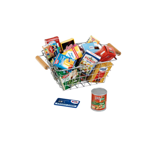 Metal shopping basket filled with products DE