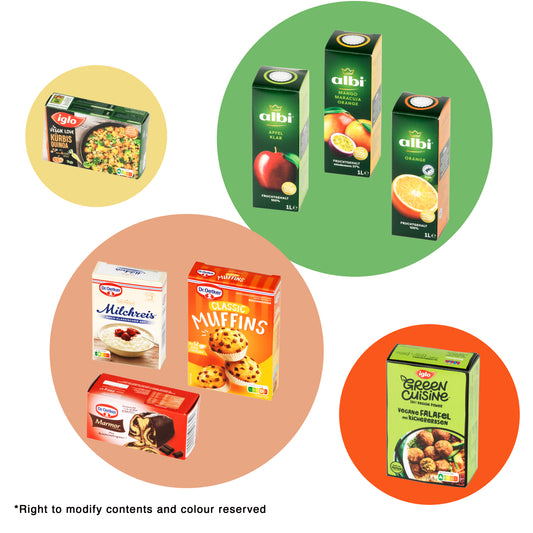 Metal shopping basket filled with products DE