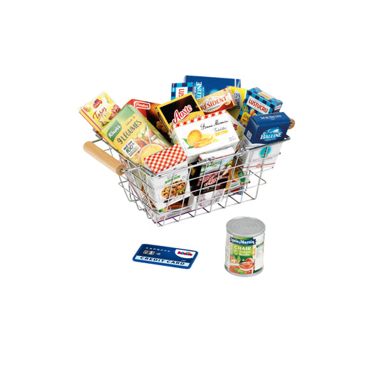 Metal shopping basket filled with products FR