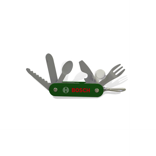 Grünes Multifunktionswerkzeug aus Kunststoff mit Schriftzug Bosch als Spielzeug.
